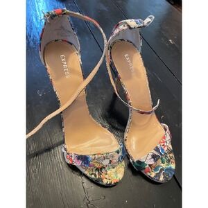 Express Floral Ankle Strap Stiletto Heels Multi Color Abstract Sandals Womens 7